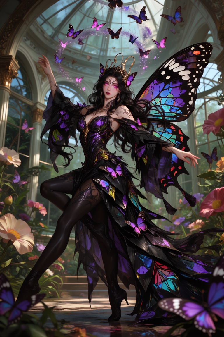 Hyper-realistic surreal fantasy full-body portrait of a beautiful but unsettling butterfly goddess suspended weightlessly...