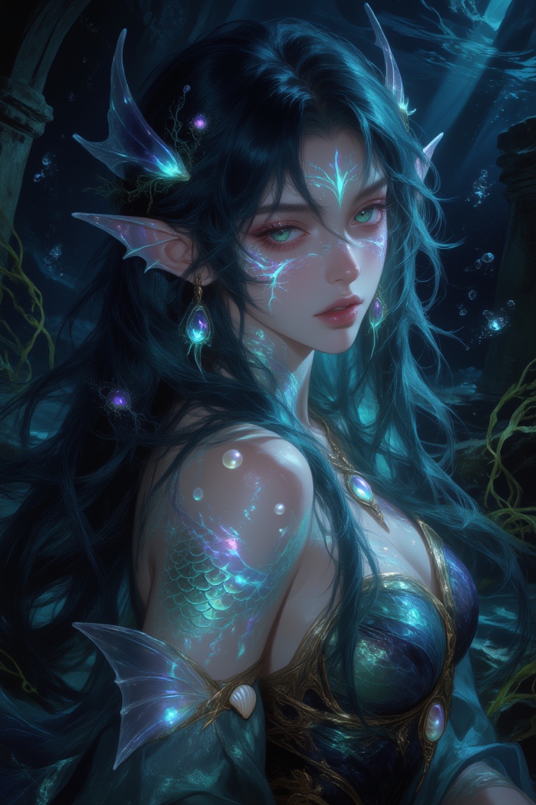 Hyper-realistic luminous fantasy close-up portrait of an ***** abyssal siren with long tangled deep-teal hair floating aro...