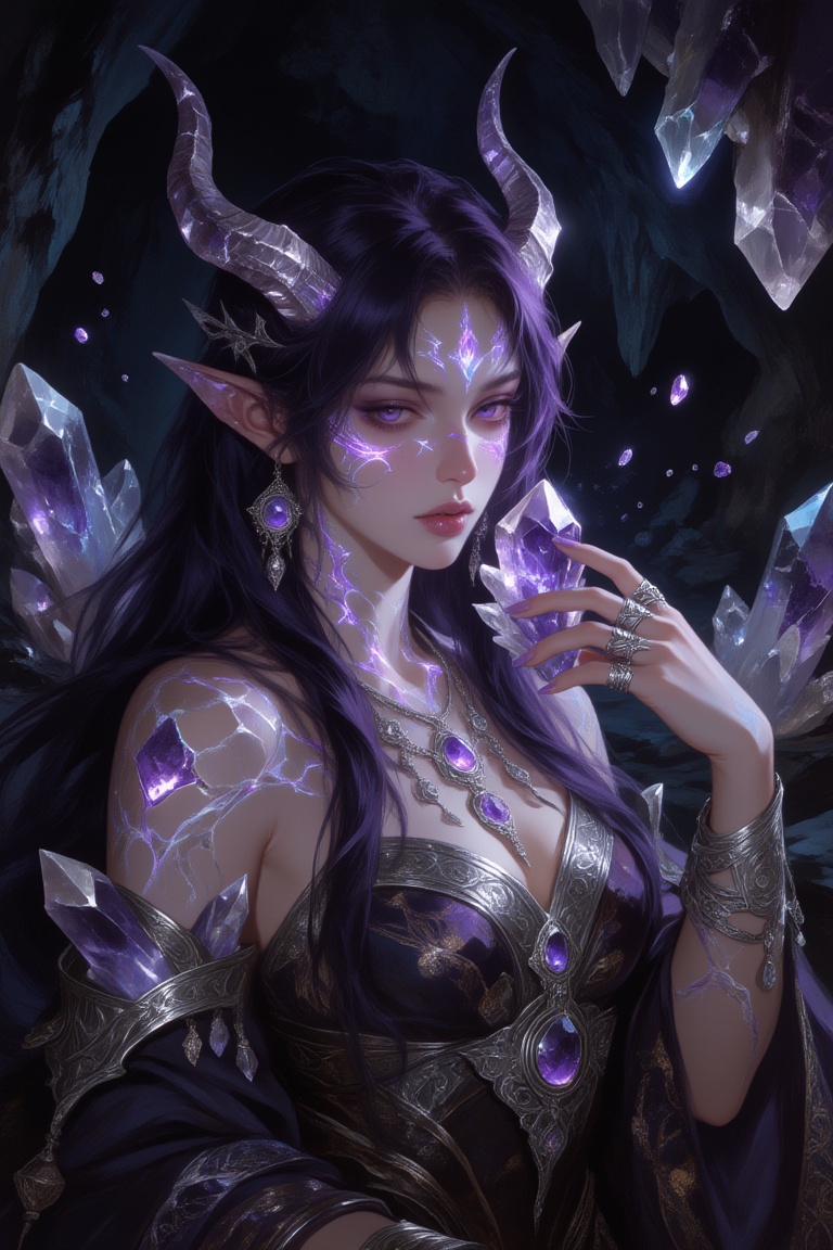 luminous fantasy three-quarter portrait of an ***** woman with long dark-purple hair,  delicate crystal horns,  and intric...