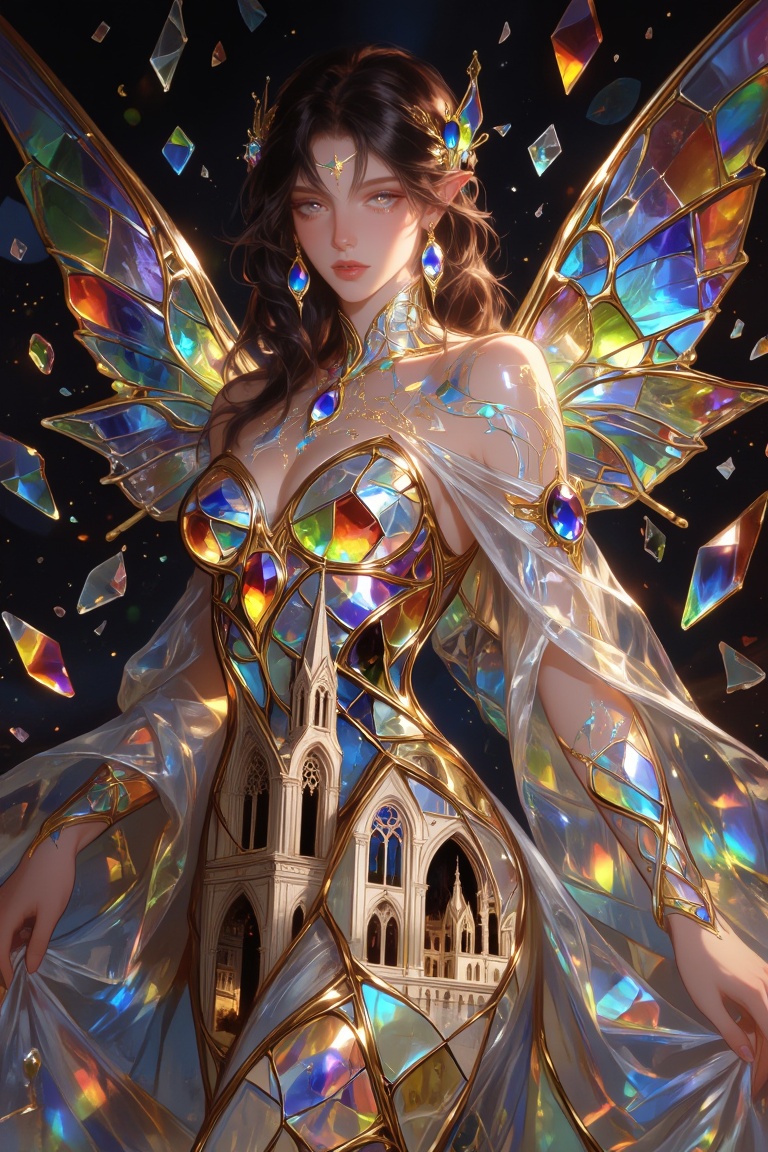 A celestial being constructed from living stained glass,  translucent rainbow wings,  luminous gemstone eyes on Tensor.Art