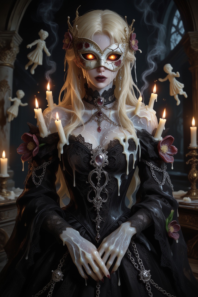 Hyper-realistic gothic horror portrait of a mysterious female phantom formed from aged ivory candle wax,  translucent wax...