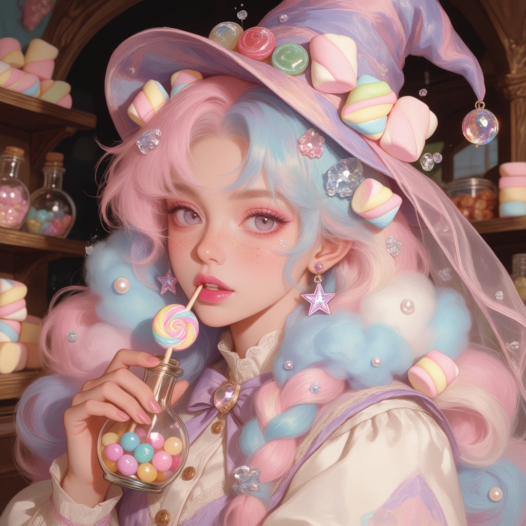 close-up portrait of an eccentric ***** witch with enormous hair made entirely from pastel cotton candy. Voluminous cloud-...
