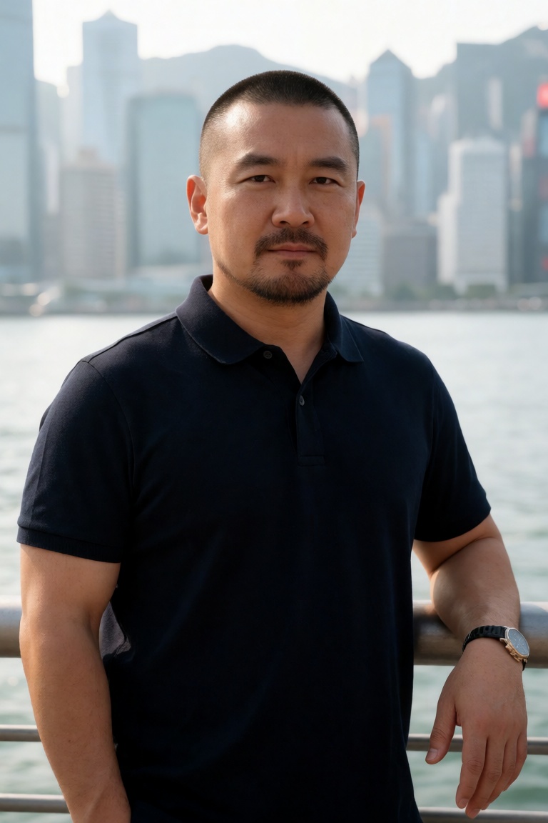 photo of a middle-aged asian man with a buzz cut and goatee,  wearing a navy polo shirt,  standing by a waterfront railing...
