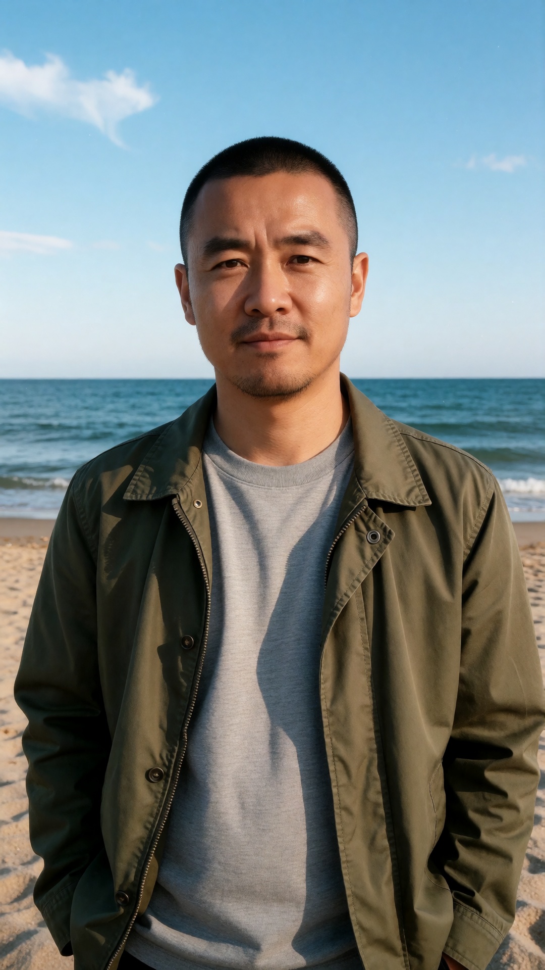 亚洲熟男,  真人,  A man with very short hair is standing on a beach. He wears an olive green jacket over a light gray T - shirt....