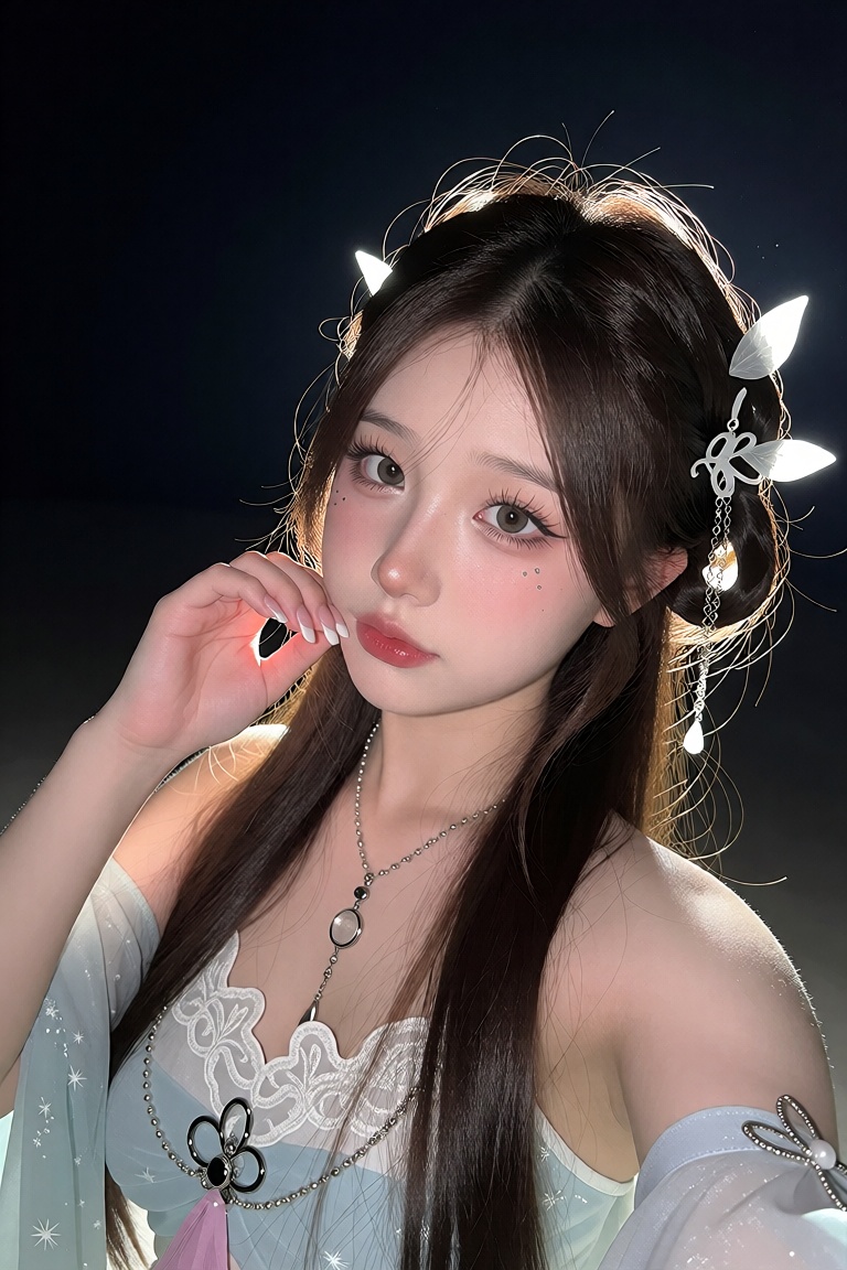 An oval-faced character in a stylized "Guofeng" (traditional Chinese aesthetic) anime style. A surreal,  photorealistic po...