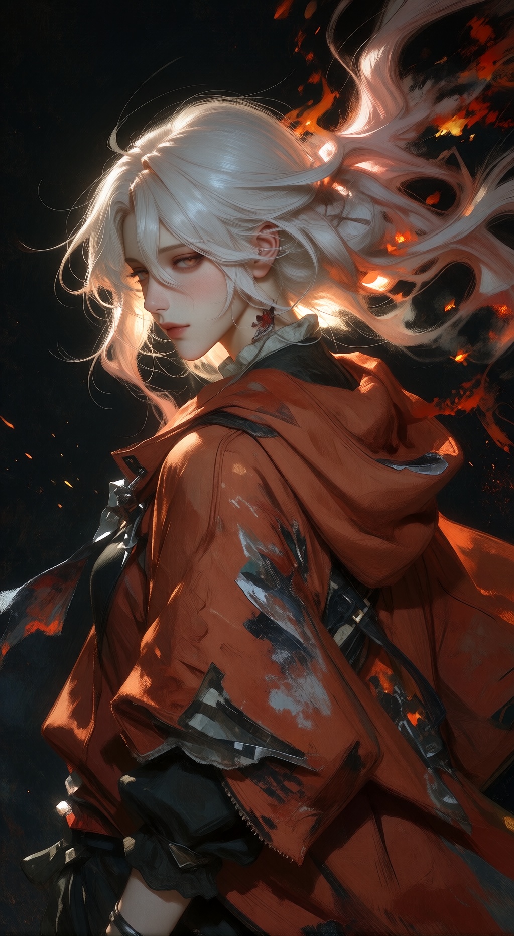 A bold,  painterly digital illustration of a young ***** woman set against a deep black void,  shot like a dramatic fashio...