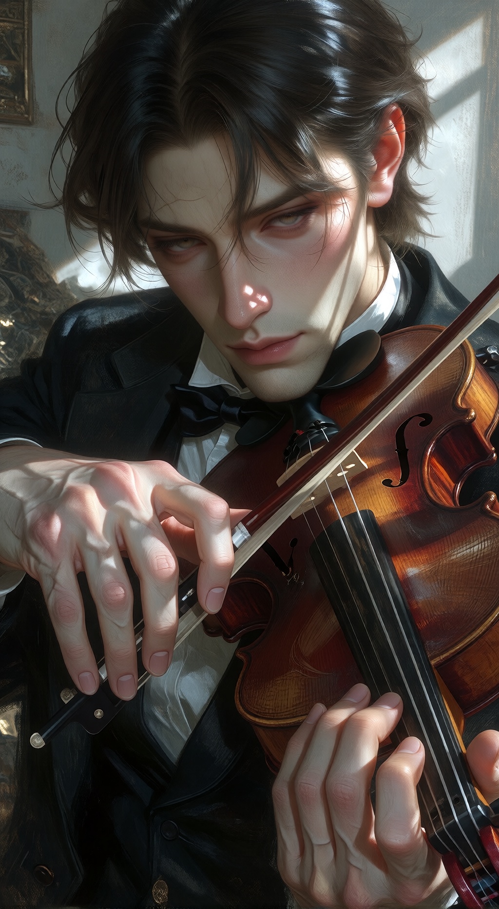 Bradhamel art style. In this arresting cinematic close-up,  we are plunged into an intimate world where a man,  his face s...