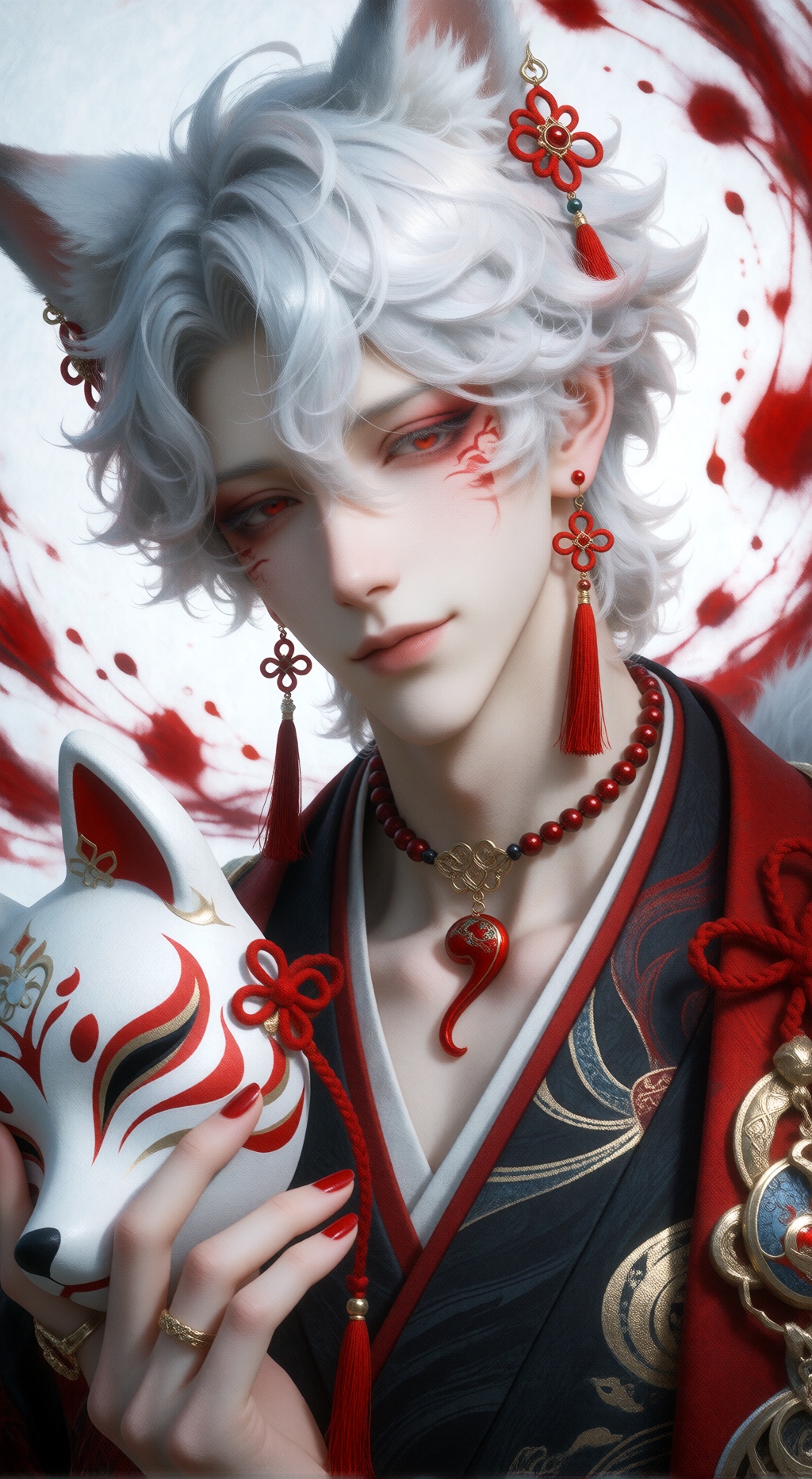 半身胸像特写,  妖系俊美成年男性狐妖,  头顶长着一对蓬松柔软的白色狐耳 on Tensor.Art