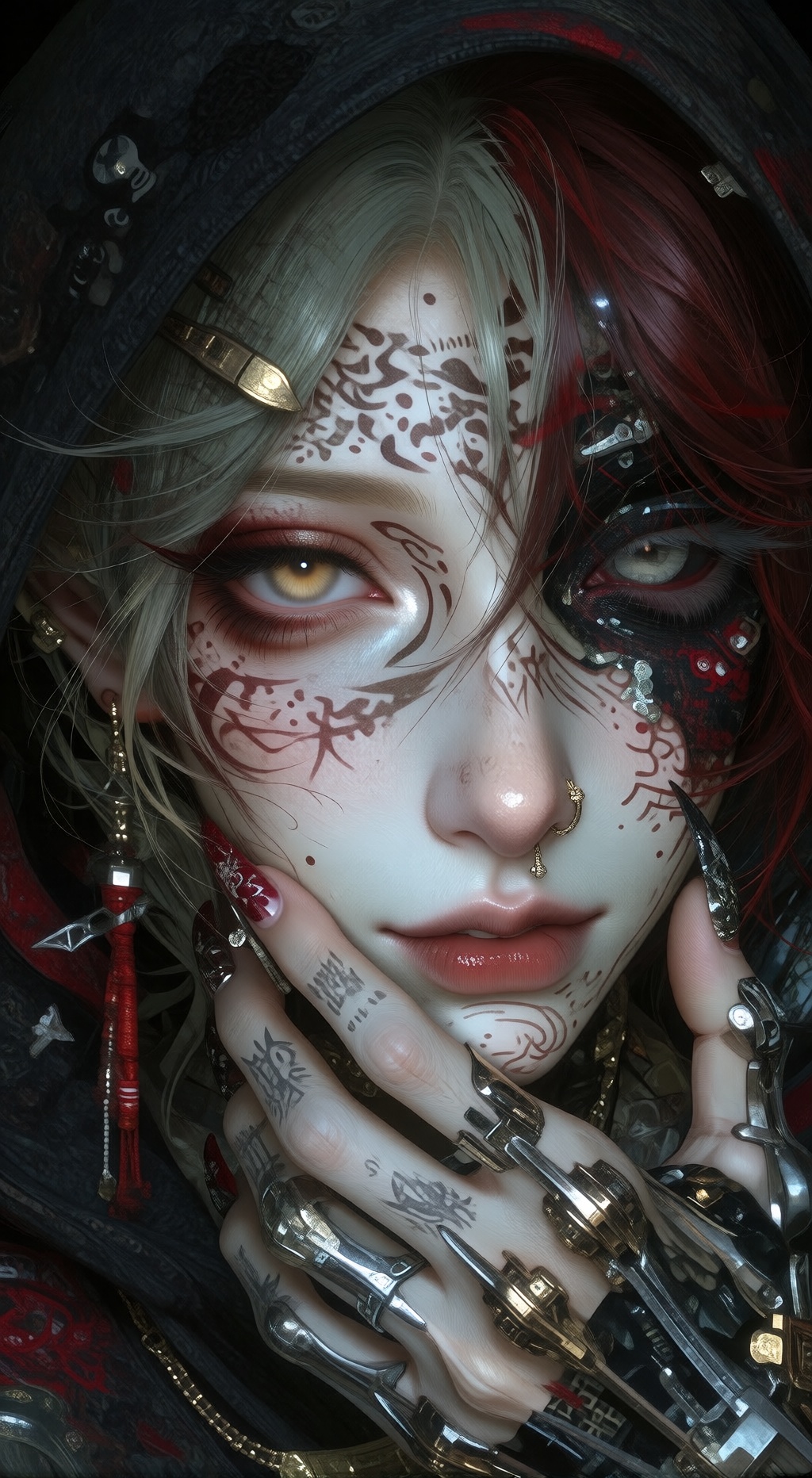 A close-up of a face adorned with intricate black and red patterns. The left side of the face is predominantly white,  wit...