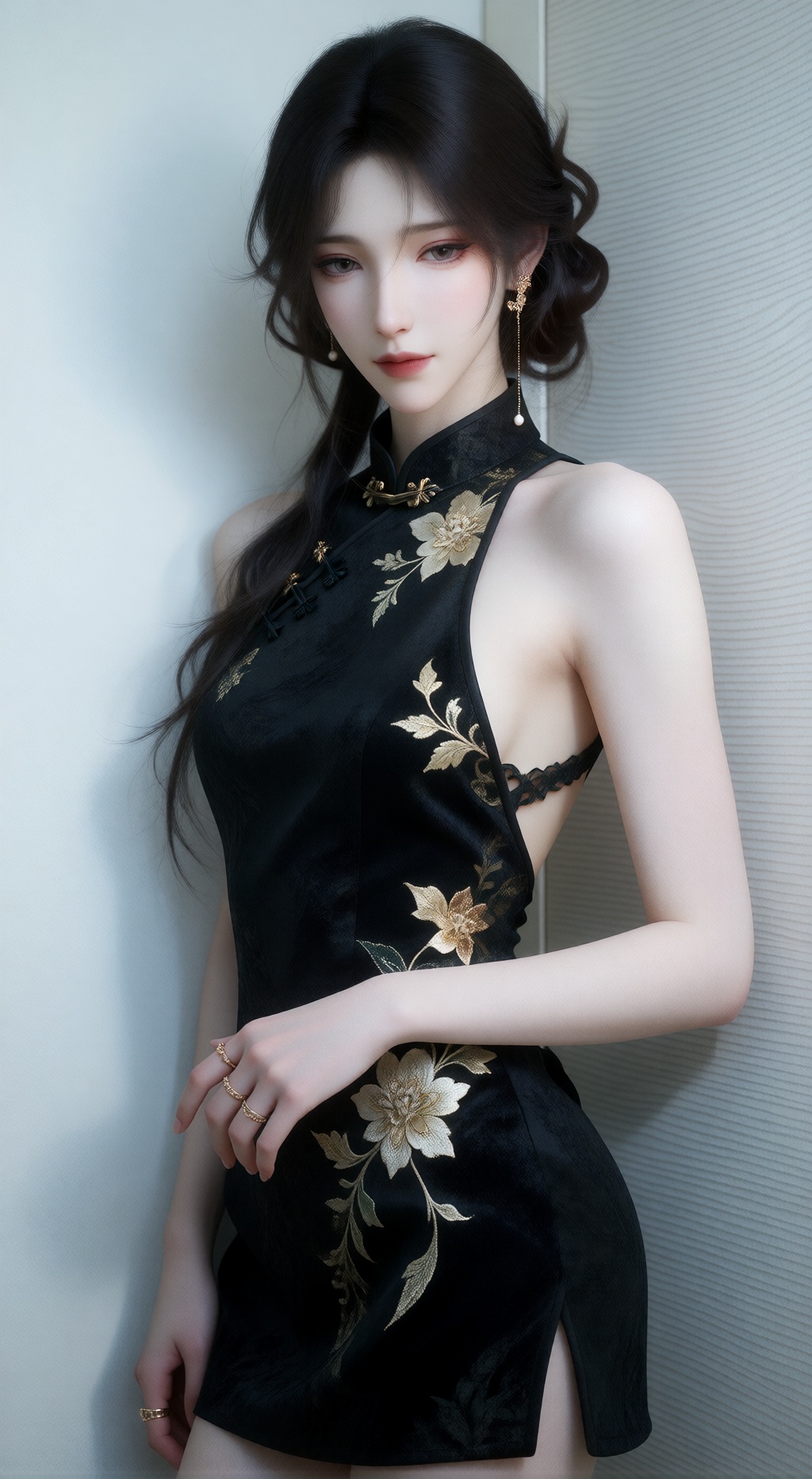 画面主体是一位身材高挑纤细的亚裔女性,  拥有白皙细腻且带有自然光泽的冷白皮。她有着精致的鹅蛋脸,  黑色长发如丝绸般顺滑 on Tensor.Art