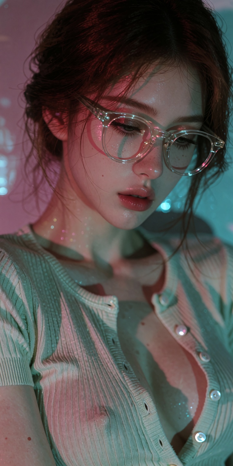 Masterpiece,  hyper-realistic cinematic neon-soft editorial photograph,  intimate medium-close framing of a young woman wi...