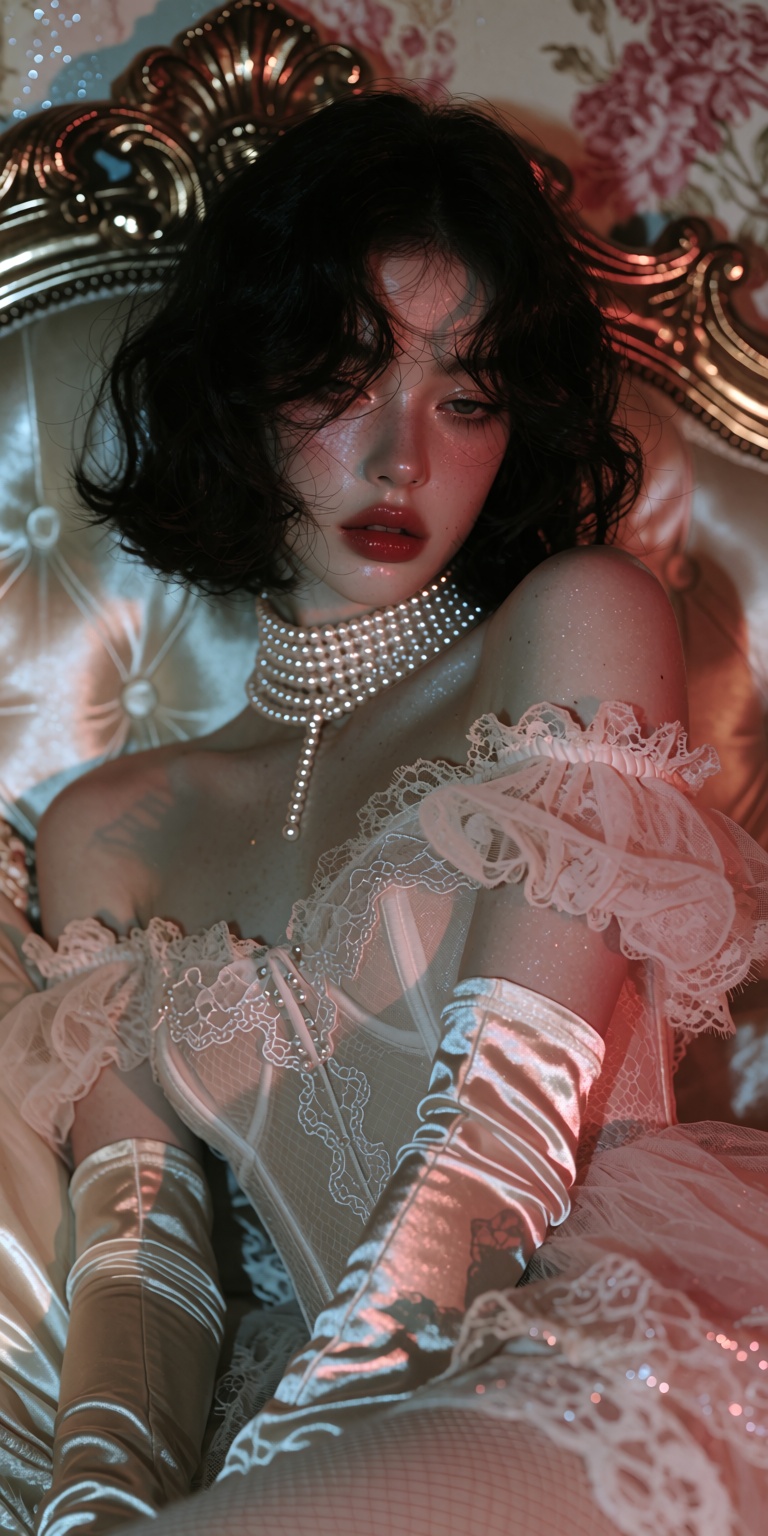 A hyper-realistic cinematic portrait of a sultry young woman reclining against an ornate baroque headboard with gilded roc...