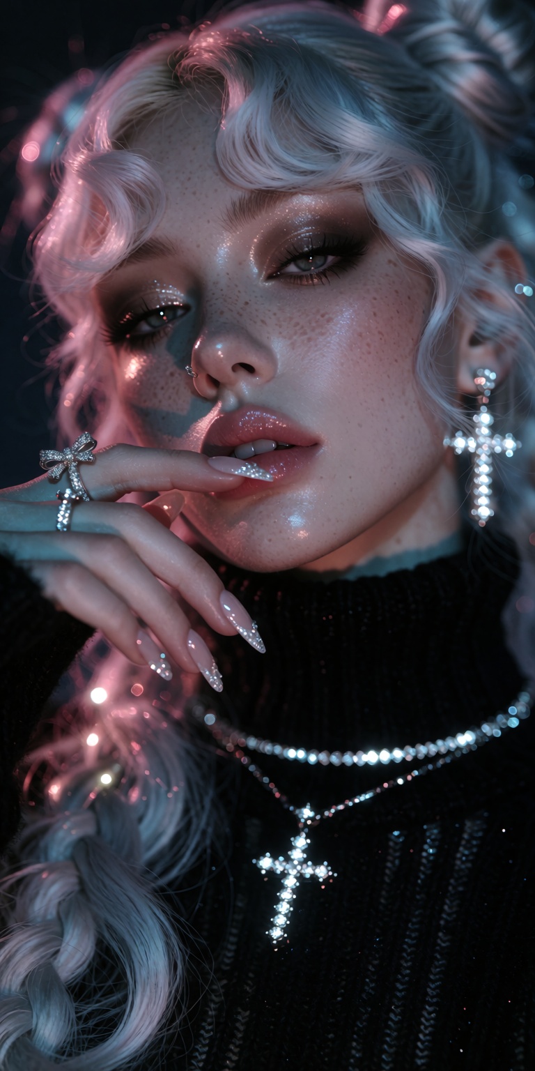 Masterpiece ultra-realistic cinematic neon-soft editorial portrait,  intimate close-up of a young woman with platinum-silv...
