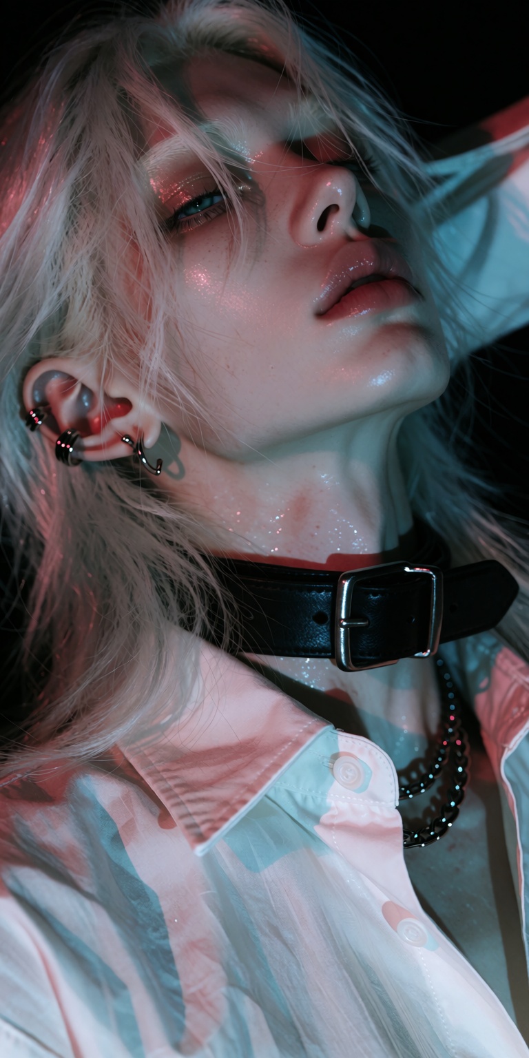 Masterful hyper-real photographic portrait,  intimate framing from a subtly elevated vantage with the subjects head tilted...