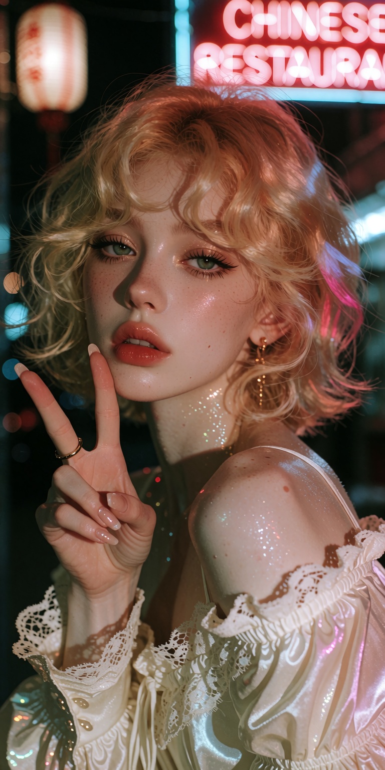 Masterpiece,  hyper-realistic cinematic neon soft-glow editorial photograph,  portrait of a young woman with tousled straw...