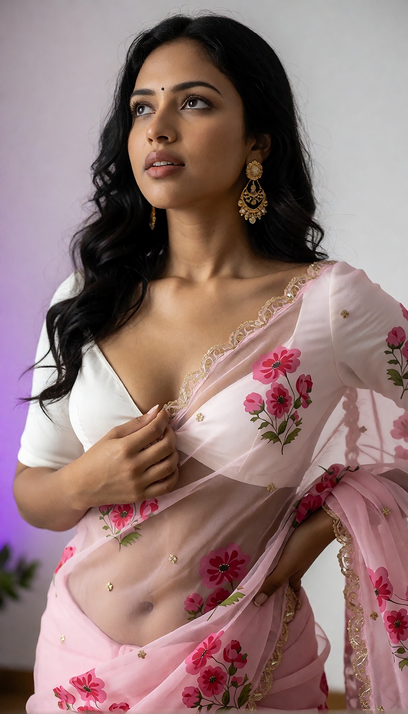 Photograph of a young woman with long,  wavy black hair and medium brown skin,  gazing upwards to the left. She is wearing...