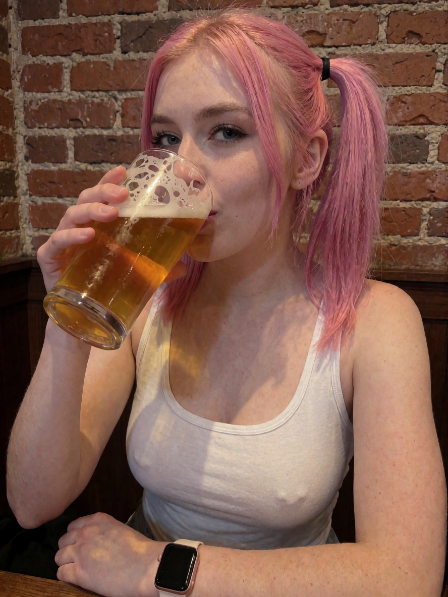 A realistic upper-body shot of a pink-haired baddie in pigtails against a brick wall,  drinking from a beer glass. White *...