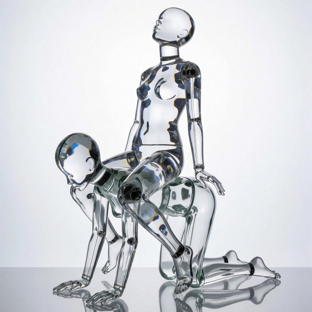 Class37_ponygirl_k2,  a crystal mannequin sitting on the back of a glass mannequin,  her head is tilted back in apparent p...
