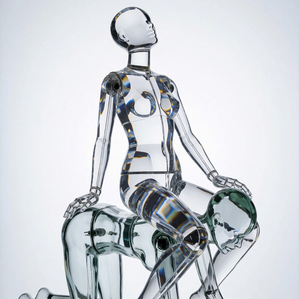 a crystal mannequin sitting on the back of a glass mannequin,  her head is tilted back in apparent pleasure. The crystal m...