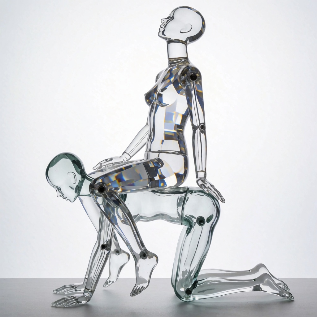 a crystal mannequin sitting on the back of a glass mannequin,  her head is tilted back in apparent pleasure. The crystal m...