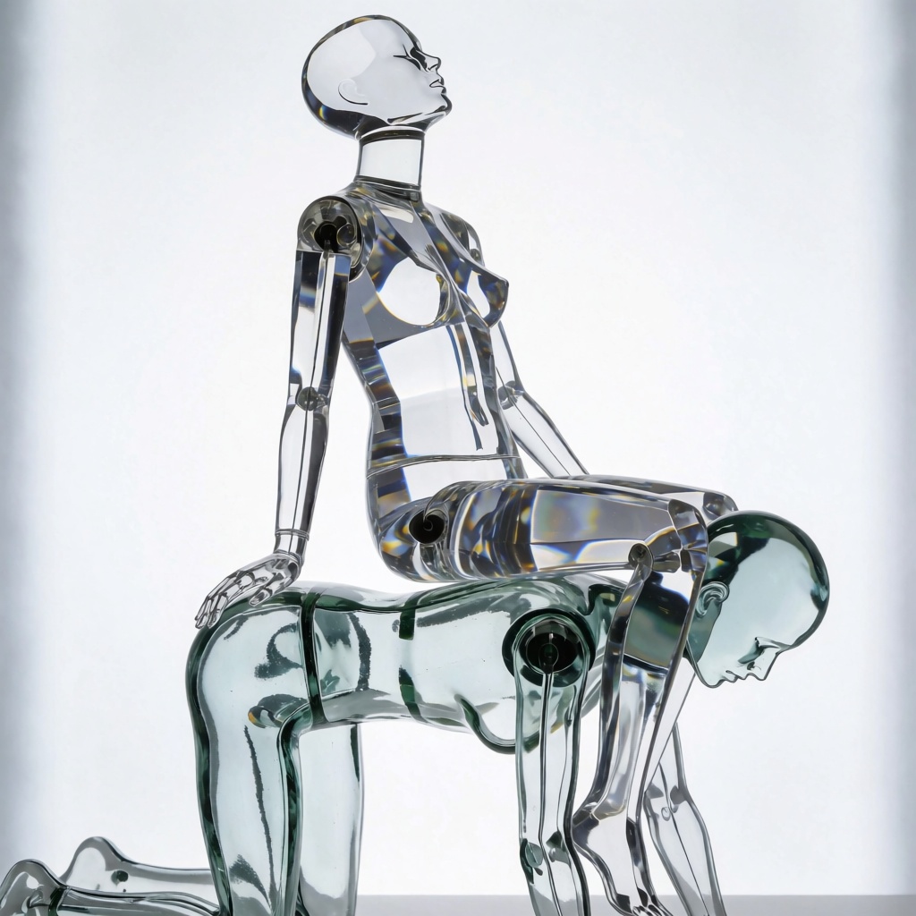a crystal mannequin sitting on the back of a glass mannequin,  her head is tilted back in apparent pleasure. The crystal m...