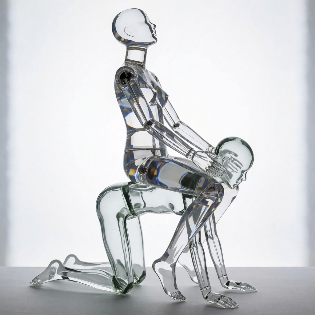 a crystal mannequin sitting on the back of a glass mannequin,  her head is tilted back in apparent pleasure. The crystal m...