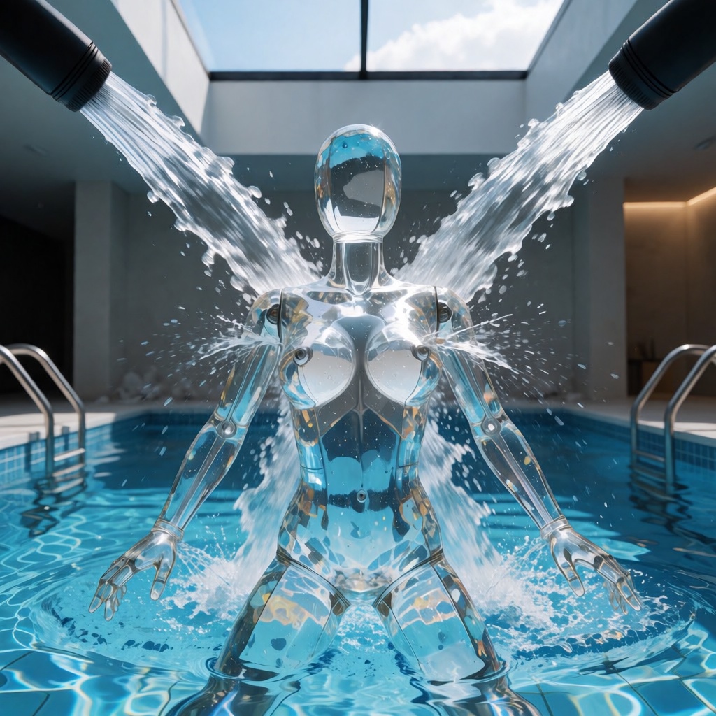 8K video footage of water jet on a spread legs crystal mannequin in a pool on Tensor.Art