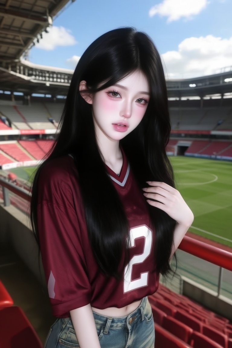 this is a highly detailed,  realistic photograph of a young asian woman with long,  straight black hair and fair skin on T...
