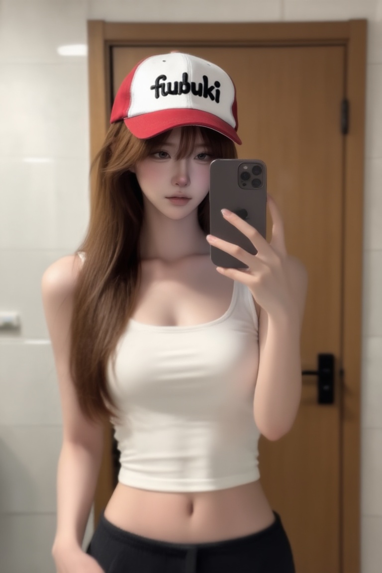 a photo-realistic shoot from a front camera angle about a young woman taking a selfie in a bathroom setting,  wearing a ca...