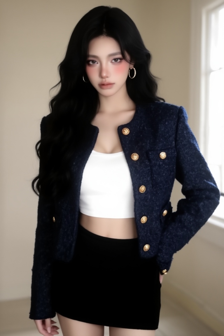 a photo-realistic shoot from a front camera angle about a young woman with long,  wavy black hair wearing a tweed jacket a...