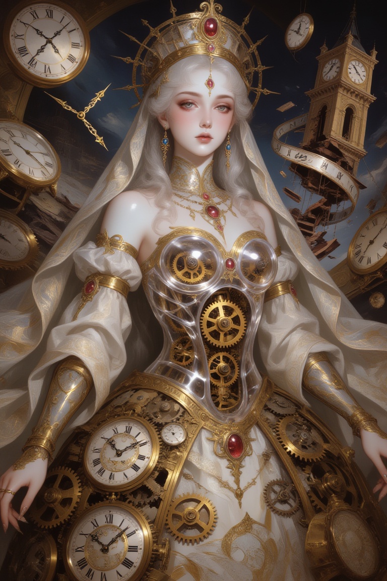 An ancient mechanical deity with a translucent torso revealing rotating golden gears,  porcelain skin,  intricate brass fi...