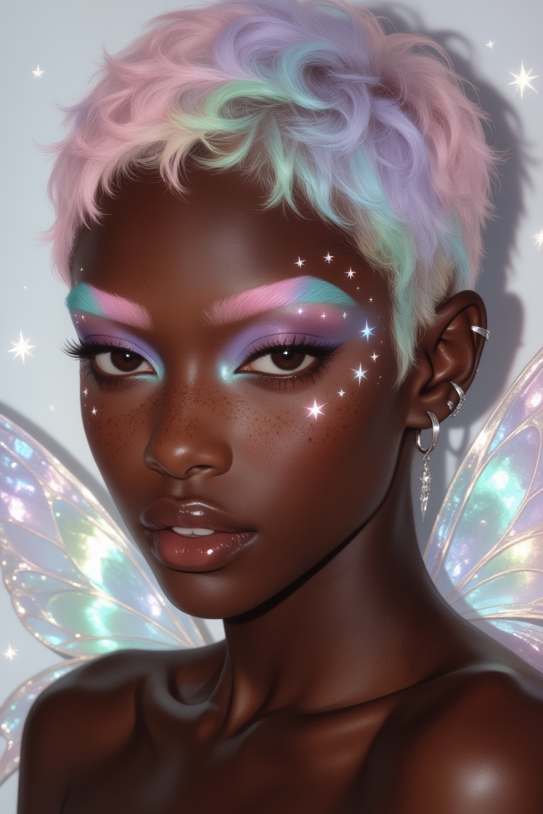 close-up portrait of a striking dark-skinned Black woman with a textured pixie cut in pastel pink,  lilac,  mint green on...