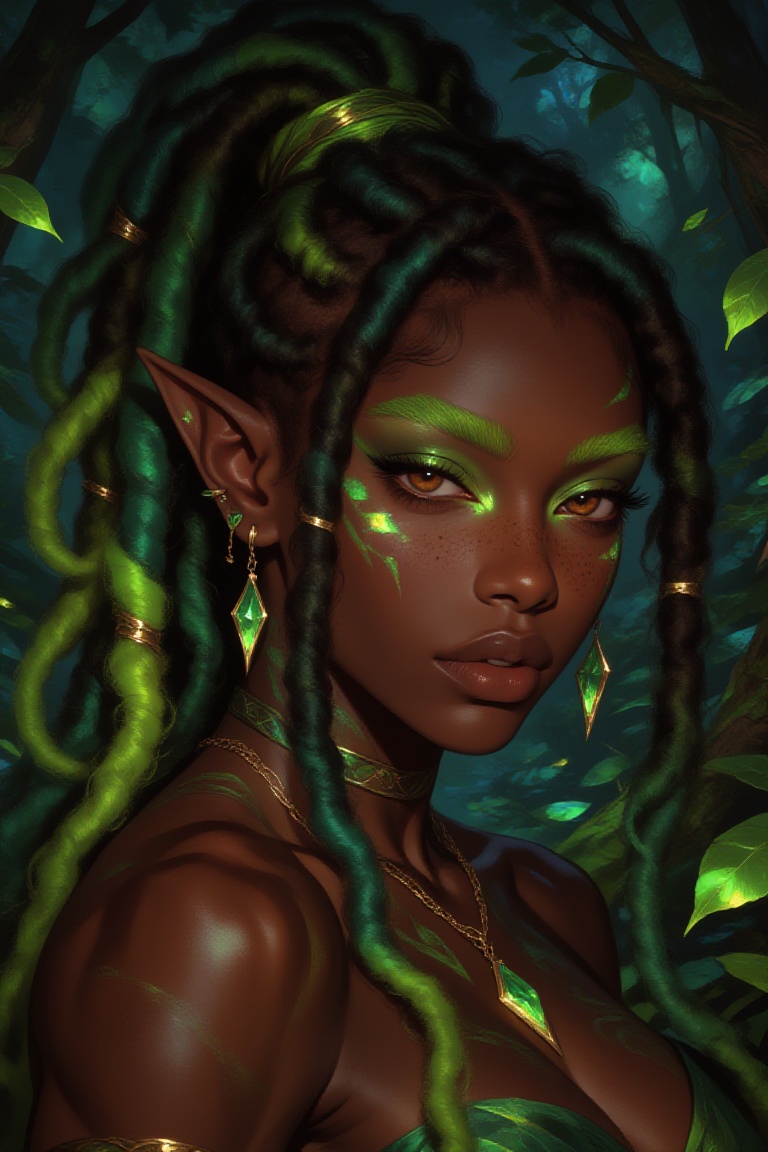 portrait of a gorgeous Black woman with rich ebony skin and thick locs styled into a high ponytail,  colored neon green,...