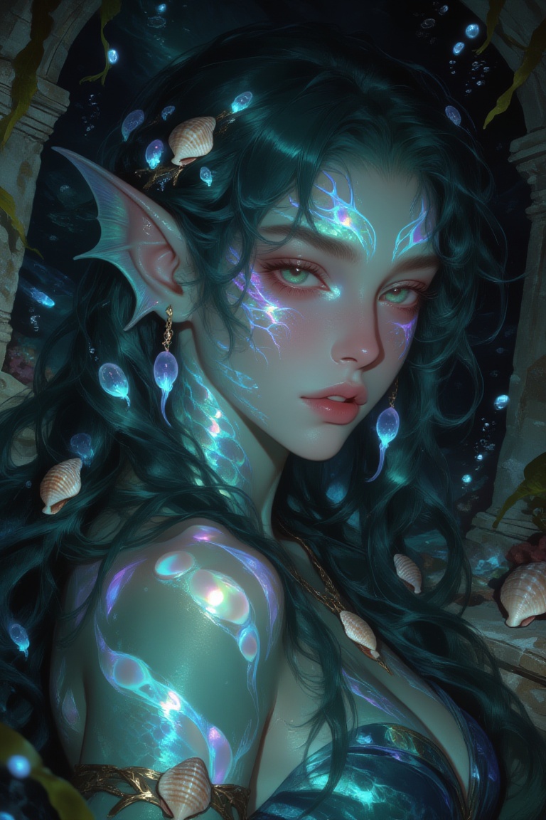 Hyper-realistic luminous fantasy close-up portrait of an ***** abyssal siren with long tangled deep-teal hair floating aro...