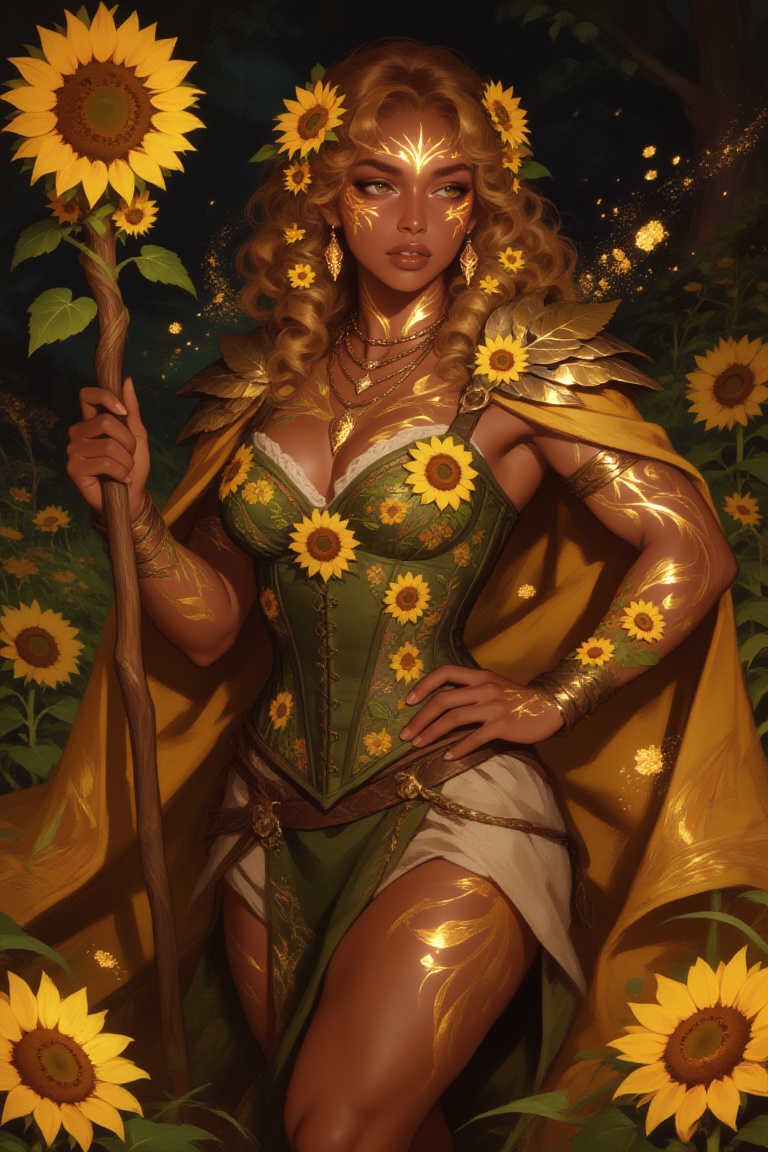 Semi-illustrated luminous fantasy portrait of an ***** muscular woman who guards an enchanted sunflower kingdom,  framed f...