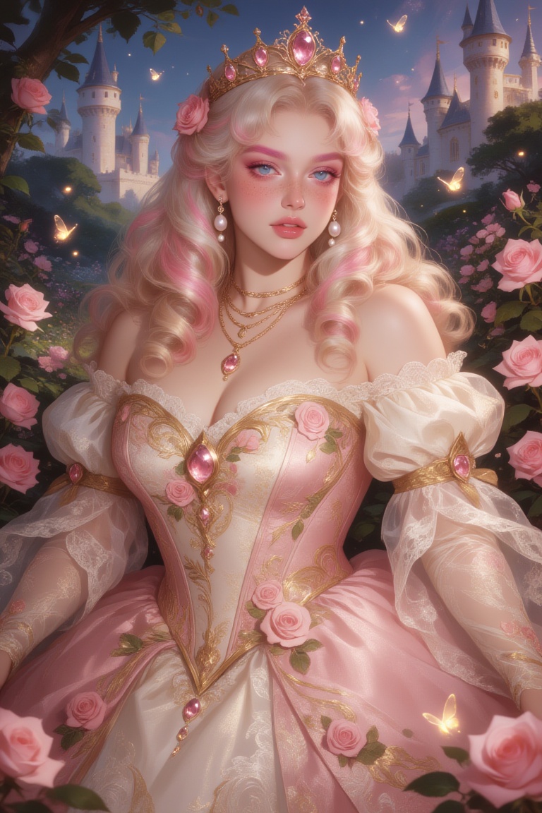 fantasy portrait of a gorgeous plus-size ***** white princess,  shown in a three-quarter-body composition from head to mid...