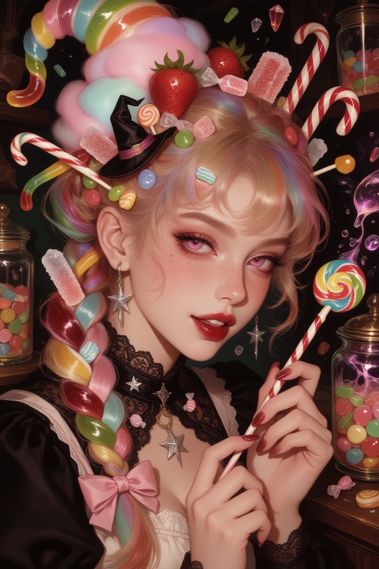 fantasy close-up portrait of a beautiful eccentric young ***** witch whose hair is made entirely of magical sweets and can...