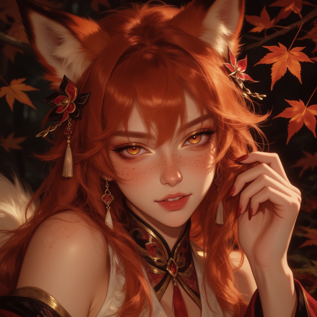 Hyper-realistic fantasy close-up of a captivating kitsune woman,  vivid copper-red hair,  soft fox ears emerging naturally...
