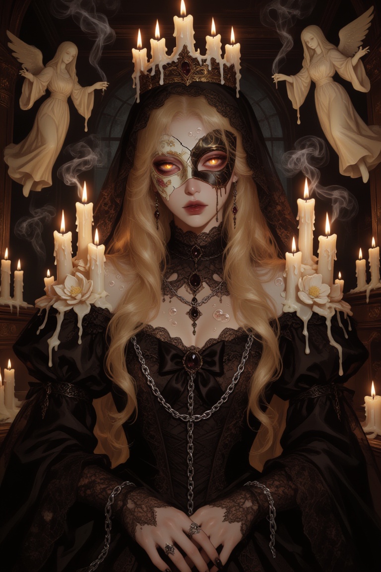 Hyper-realistic gothic horror portrait of a mysterious female phantom formed from aged ivory candle wax,  translucent wax...