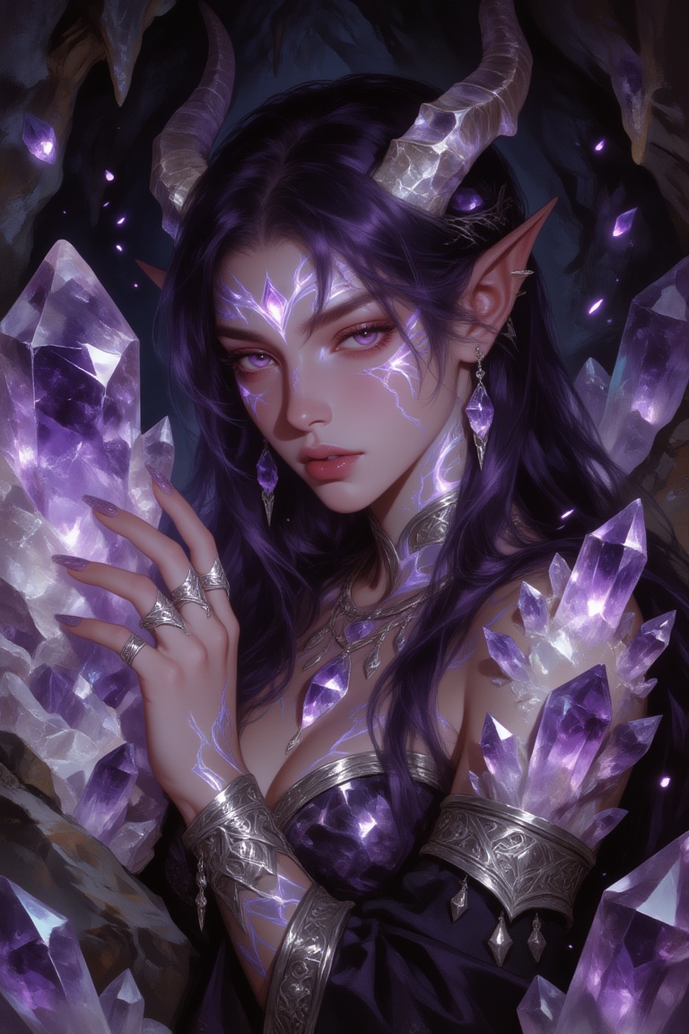 luminous fantasy three-quarter portrait of an ***** woman with long dark-purple hair,  delicate crystal horns,  and intric...