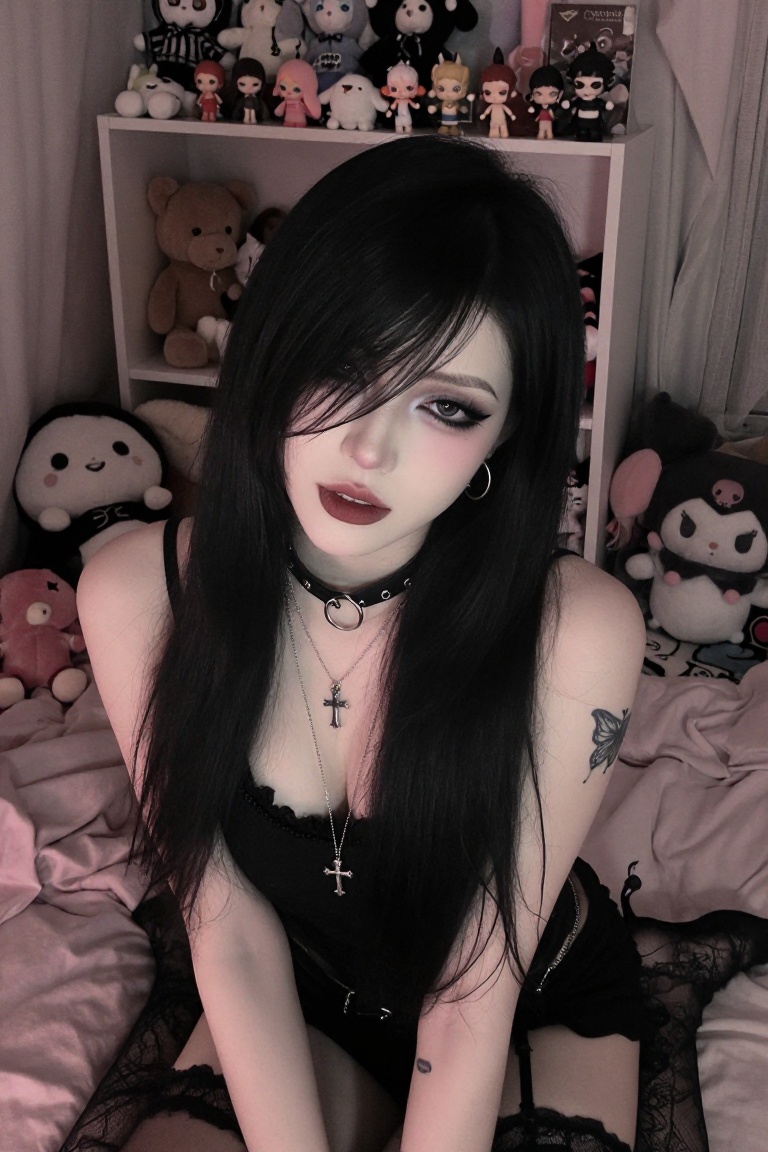 A high-angle portrait photograph of a young woman with a dark,  alternative goth and soft-grunge aesthetic,  sitting in a...