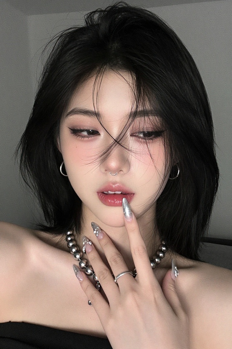 A close-up portrait of a young woman with a sophisticated,  edgy Korean-inspired grunge and baddie aesthetic. She has shou...