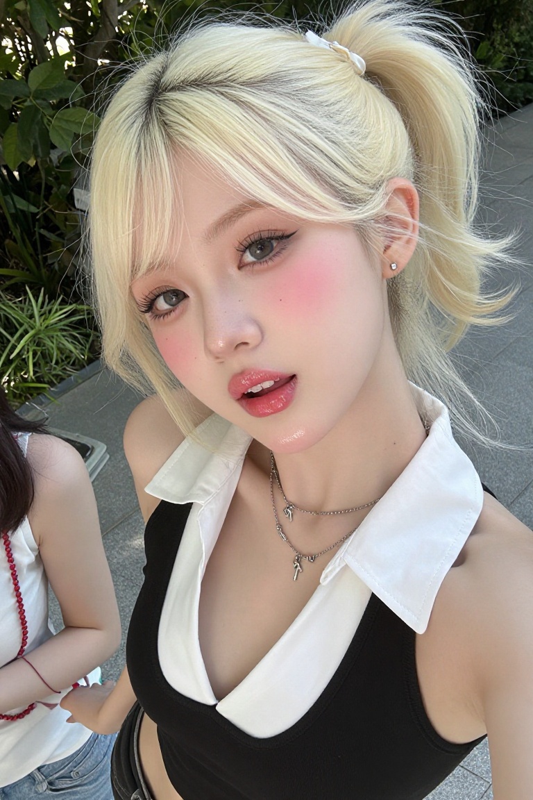 A high-angle close-up portrait of a young woman with a playful,  glamorous Korean-inspired baddie and coquette aesthetic....