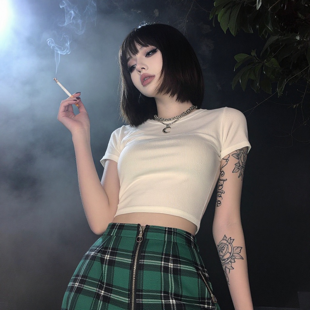 A low-angle medium portrait photograph of a young woman with dark brown to black hair and an alternative goth aesthetic,...