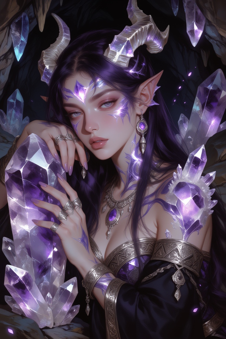 luminous fantasy three-quarter portrait of an ***** woman with long dark-purple hair,  delicate crystal horns,  and intric...