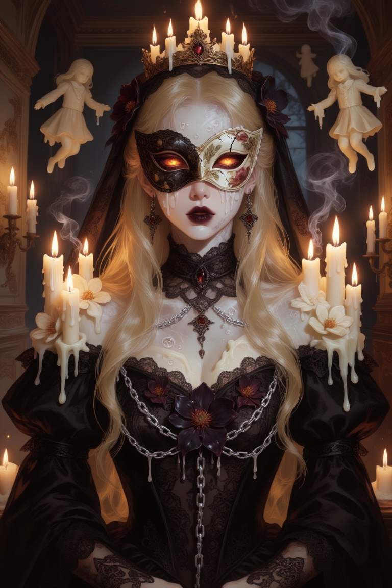 Hyper-realistic gothic horror portrait of a mysterious female phantom formed from aged ivory candle wax,  translucent wax...