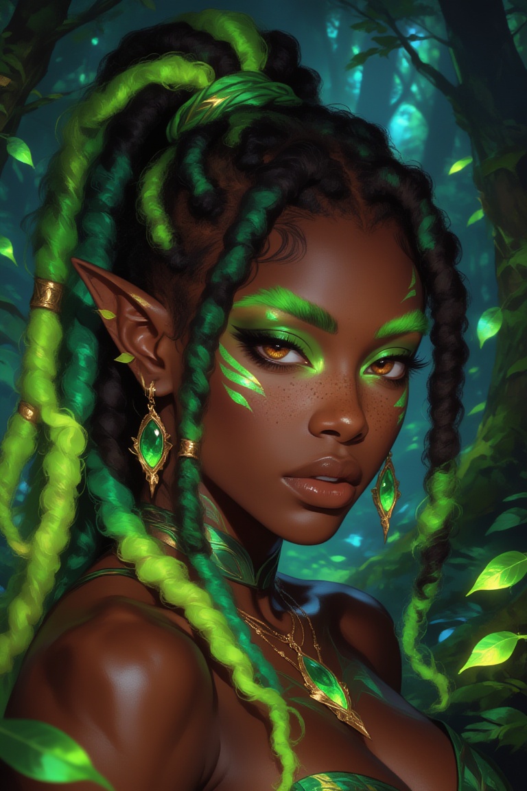 portrait of a gorgeous Black woman with rich ebony skin and thick locs styled into a high ponytail,  colored neon green,...