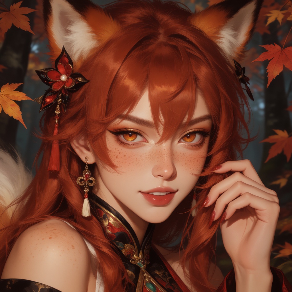 Hyper-realistic fantasy close-up of a captivating kitsune woman,  vivid copper-red hair,  soft fox ears emerging naturally...