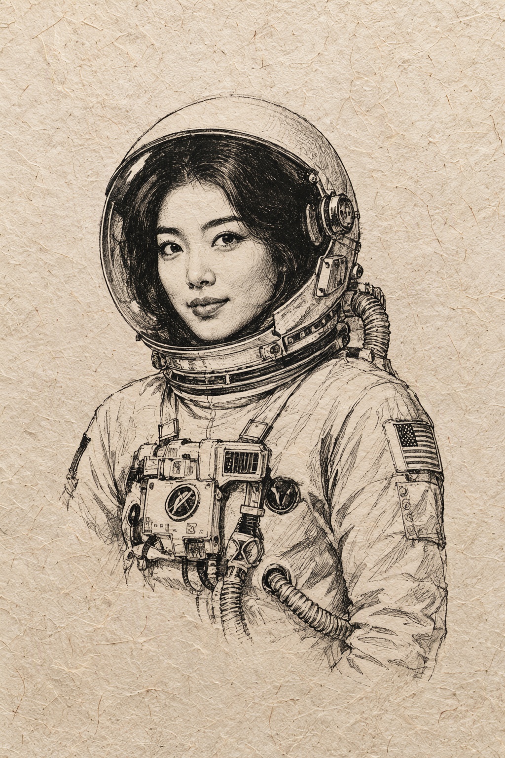 illustration of beautiful Japanese woman 1960s Astronaut in style of ink sketch on construction paper. ((intricate paper t...