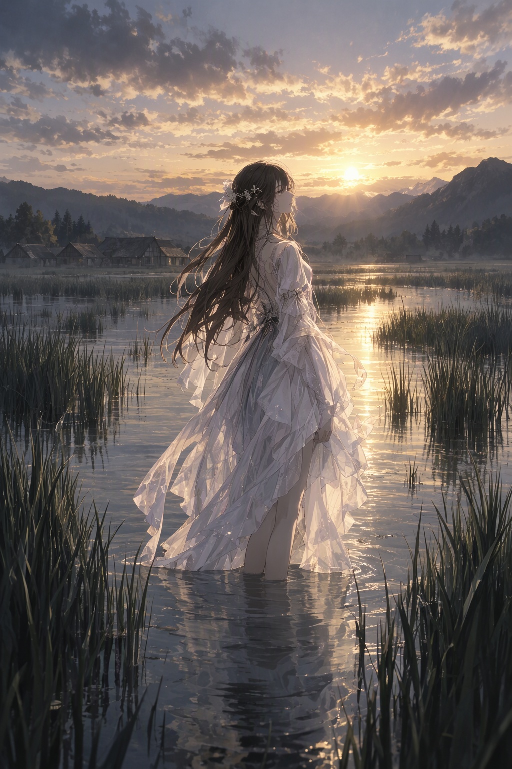 anime style,  2d,  An atmospheric anime of a beautiful woman wearing etheral dresss on Tensor.Art